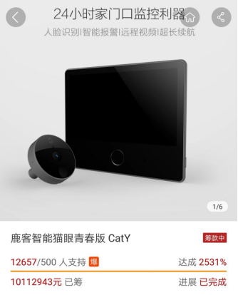 這個(gè)雙11鹿客賣瘋了，智能貓眼新品CatY眾籌狂售12000臺(tái)，銷售額破千萬