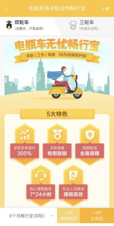 58同城上線電瓶車族求職無憂暢行寶，全方位保障外賣快遞員等求職工作
