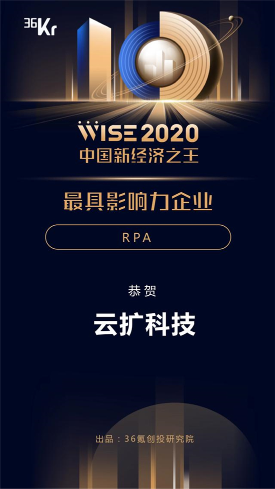 云擴(kuò)科技獲36kr新經(jīng)濟(jì)之王「2020最具影響力企業(yè)，RPA將重構(gòu)未來工作方式