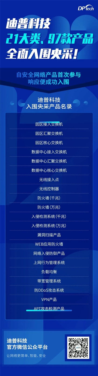 21大類(lèi)97款產(chǎn)品助力政府構(gòu)建大安全格局！迪普科技連續(xù)多年成功入圍央采目錄