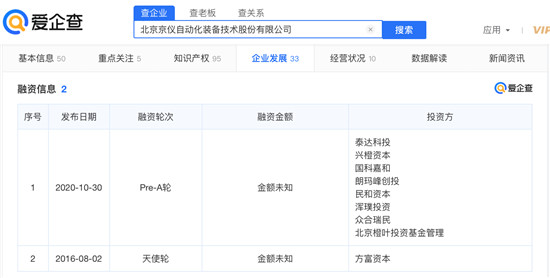 高端裝備制造企業(yè)京儀裝備擬科創(chuàng)板IPO，愛(ài)企查顯示：京儀裝備此前已獲2輪融資