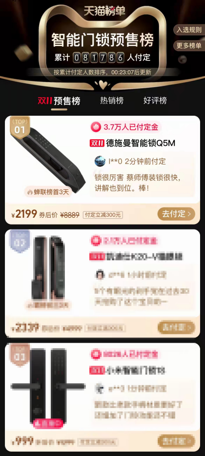 雙11終極榜單：線(xiàn)上總銷(xiāo)售14.2萬(wàn)套！德施曼連續(xù)6年雙11蟬聯(lián)行業(yè)第一