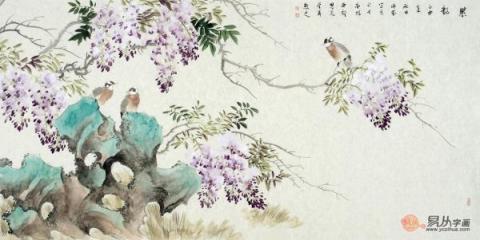 名家國(guó)畫(huà)紫藤圖，美女畫(huà)家許芬紫藤花鳥(niǎo)畫(huà)賞析