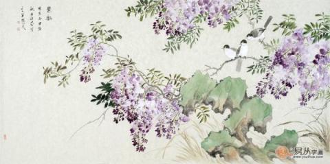名家國(guó)畫(huà)紫藤圖，美女畫(huà)家許芬紫藤花鳥(niǎo)畫(huà)賞析