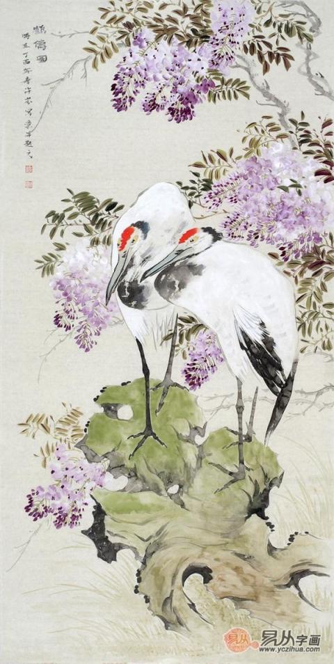 名家國(guó)畫(huà)紫藤圖，美女畫(huà)家許芬紫藤花鳥(niǎo)畫(huà)賞析