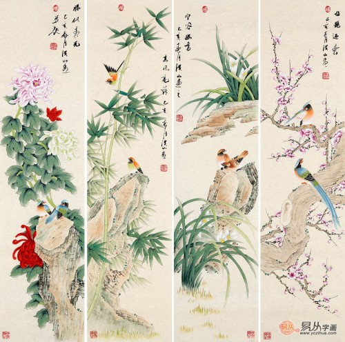 客廳背景墻上的掛畫，名家手繪花鳥國畫更受歡迎