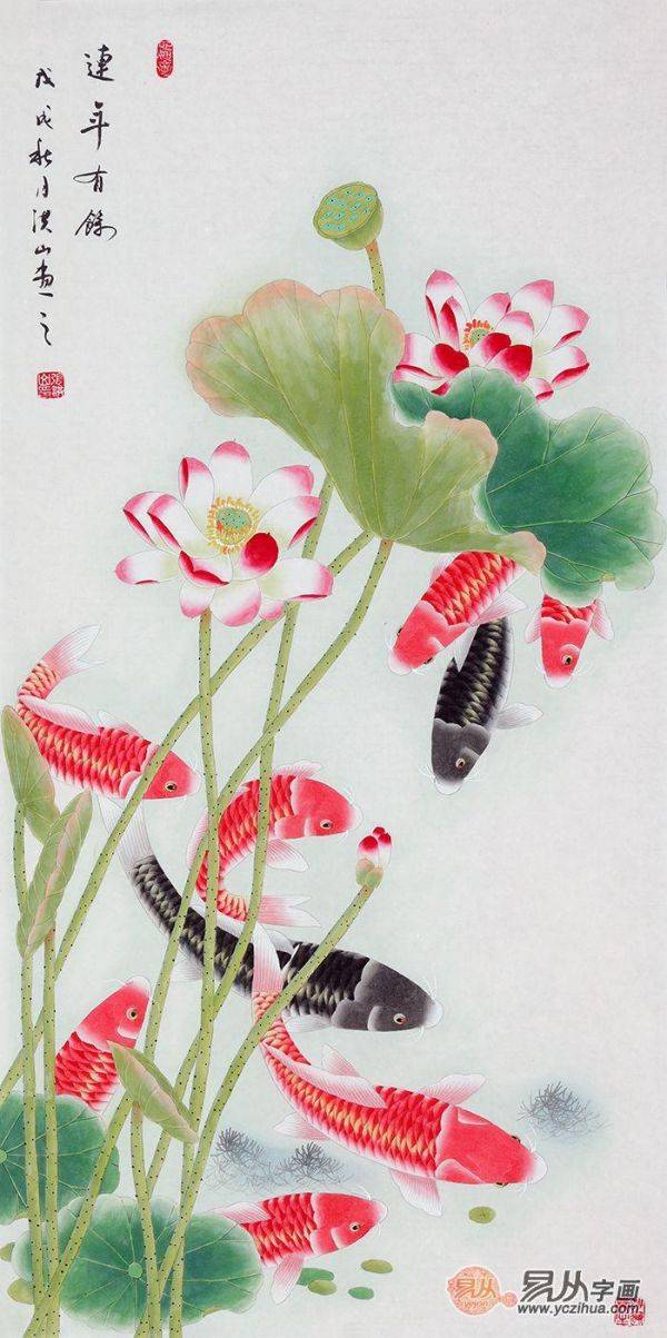 當(dāng)代擅畫九魚圖的畫家，張洪山工筆荷花九魚圖作品大全