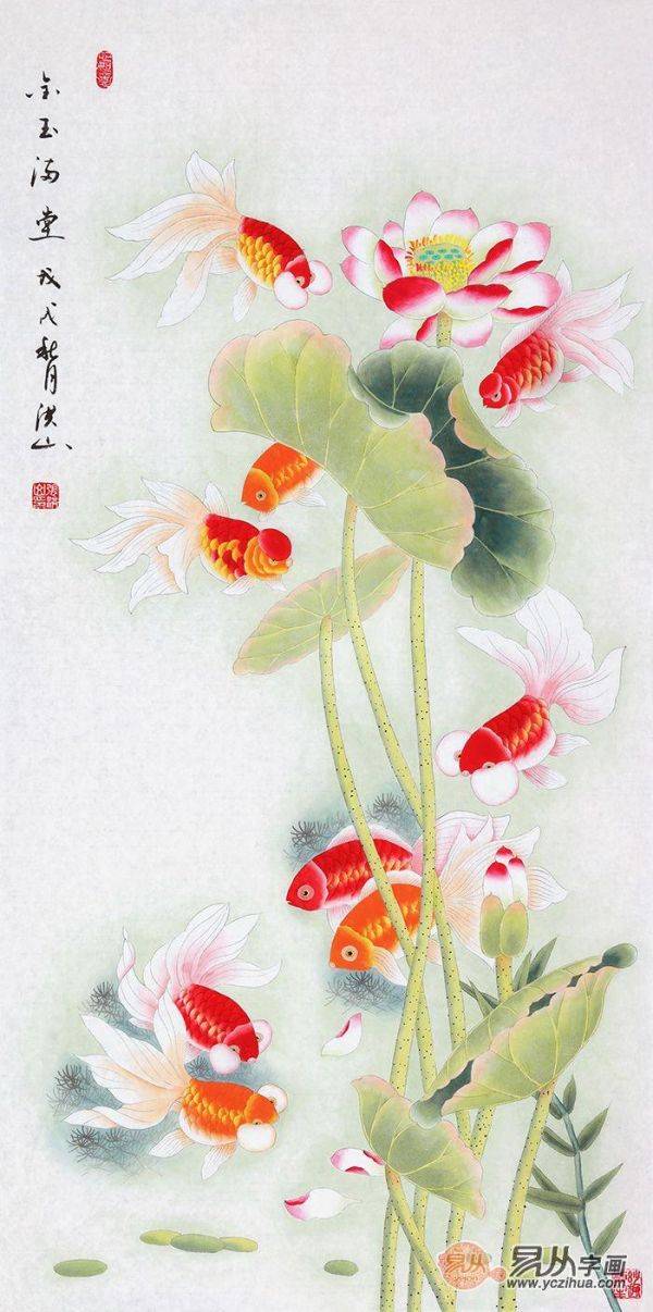 當(dāng)代擅畫九魚圖的畫家，張洪山工筆荷花九魚圖作品大全