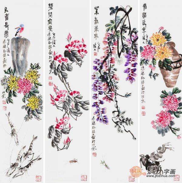 中國(guó)花鳥(niǎo)畫(huà)四條屏——齊白石后人 樸喆寫(xiě)意四條屏國(guó)畫(huà)