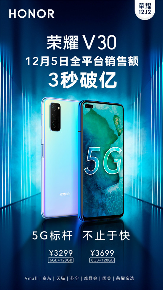 榮耀V30今日首銷：全平臺(tái)3秒破億！雙模5G+相機(jī)矩陣遭瘋狂追捧